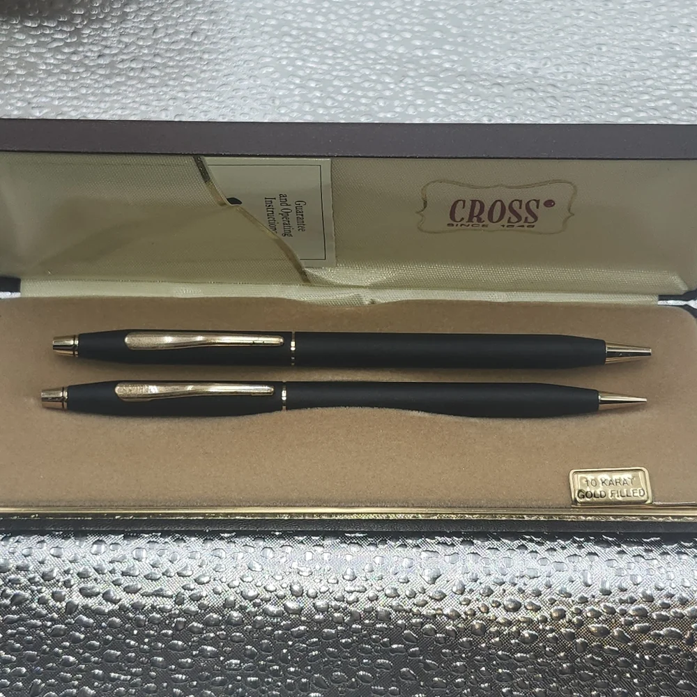 VINTAGE BLACK CROSS BALL PEN & PENCIL SET 10k gold filled w/case D2